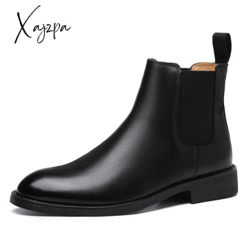 Xajzpa - Spring Winter Elegant Chelsea Boots Genuine Leather Men Shoes Slip-On Dress Formal Mens For